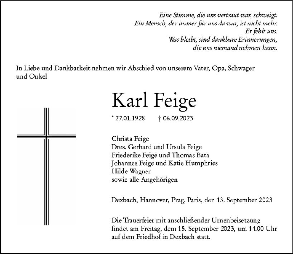  Traueranzeige für Karl Feige vom 13.09.2023 aus Hinterländer Anzeiger