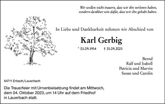 Traueranzeige von Karl Gerbig von Odenwälder Echo