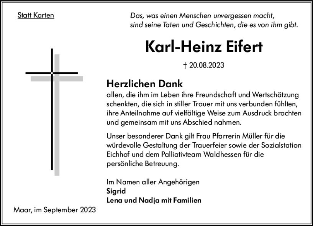  Traueranzeige für Karl-Heinz Eifert vom 30.09.2023 aus Oberhessen Kurier