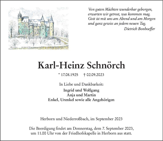 Traueranzeige von Karl-Heinz Schnörch von Dill Block