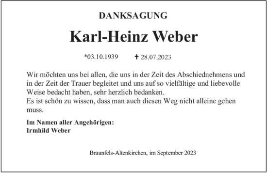Traueranzeige von Karl-Heinz Weber von Wetzlarer Neue Zeitung