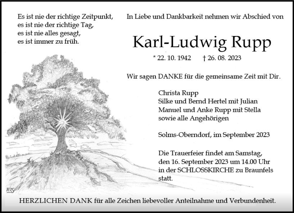  Traueranzeige für Karl-Ludwig Rupp vom 13.09.2023 aus Wetzlarer Neue Zeitung