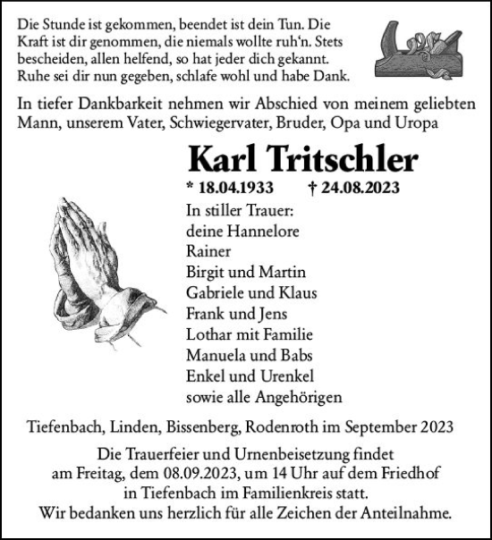 Traueranzeige von Karl Tritschler von Wetzlarer Neue Zeitung