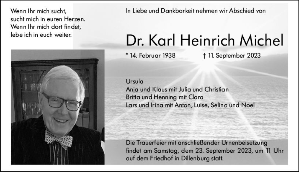  Traueranzeige für Karl Heinrich Michel vom 16.09.2023 aus Dill Block