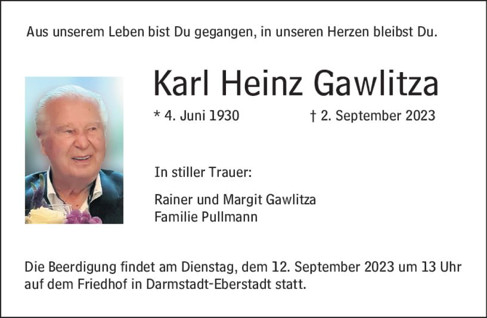  Traueranzeige für Karl Heinz Gawlitza vom 09.09.2023 aus Darmstädter Echo