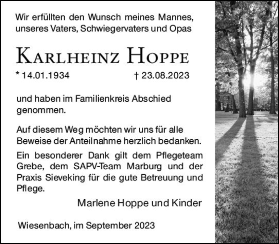 Traueranzeige von Karlheinz Hoppe von Hinterländer Anzeiger