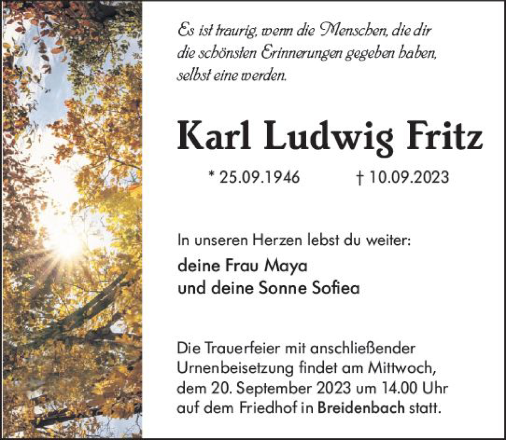  Traueranzeige für Karl Ludwig Fritz vom 15.09.2023 aus Hinterländer Anzeiger