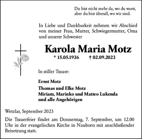 Traueranzeige von Karola Maria Motz von Wetzlarer Neue Zeitung