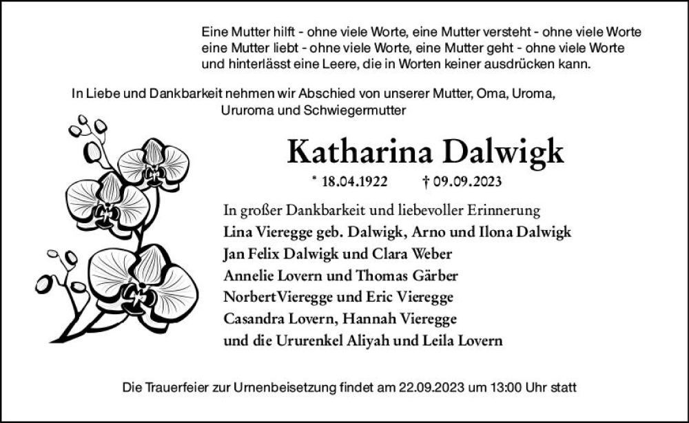  Traueranzeige für Katharina Dalwigk vom 20.09.2023 aus Hinterländer Anzeiger