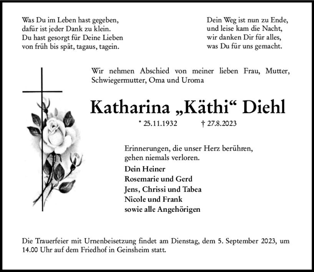  Traueranzeige für Katharina Diehl vom 01.09.2023 aus Groß-Gerauer Echo