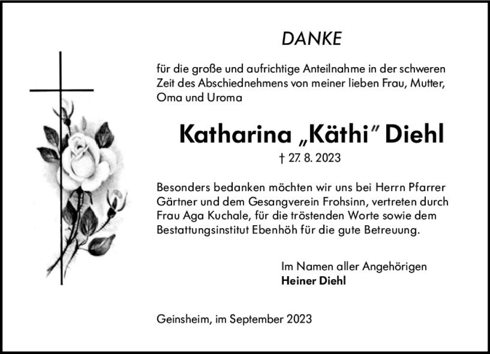  Traueranzeige für Katharina Diehl vom 15.09.2023 aus Groß-Gerauer Echo