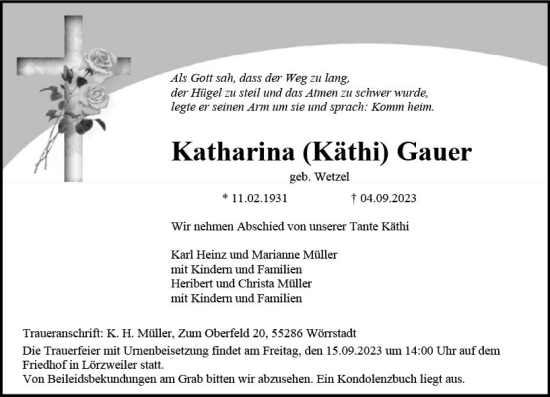 Traueranzeige von Katharina  Gauer von Allgemeine Zeitung Mainz