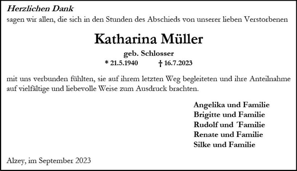  Traueranzeige für Katharina Müller vom 02.09.2023 aus Allgemeine Zeitung Alzey