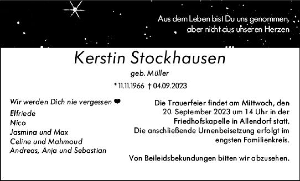  Traueranzeige für Kerstin Stockhausen vom 15.09.2023 aus Hinterländer Anzeiger
