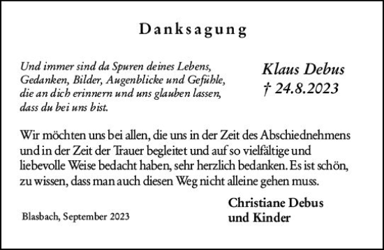 Traueranzeige von Klaus Debus von Wetzlarer Neue Zeitung