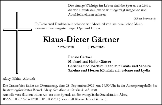 Traueranzeige von Klaus-Dieter Gärtner von Allgemeine Zeitung Alzey