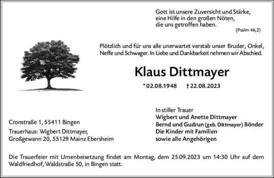 Traueranzeige von Klaus Dittmayer von Bingen/Ingelheim WOBL inkl. Neue Binger Ztg.