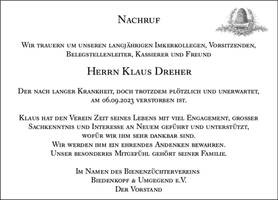Traueranzeige von Klaus Dreher von Hinterländer Anzeiger