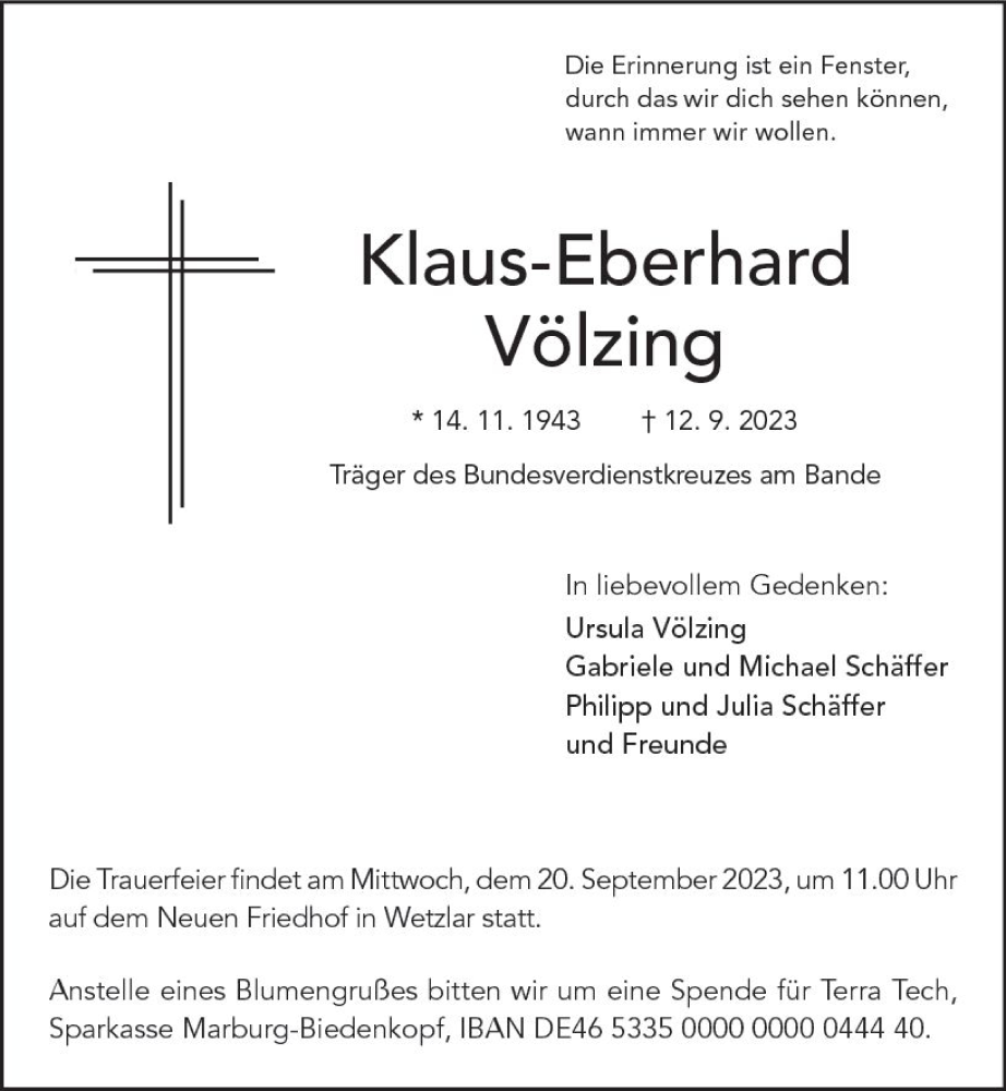  Traueranzeige für Klaus-Eberhard Völzing vom 16.09.2023 aus Wetzlarer Neue Zeitung