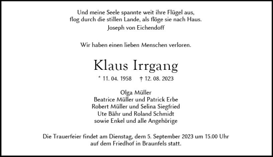 Traueranzeige von Klaus Irrgang von Weilburger Tageblatt