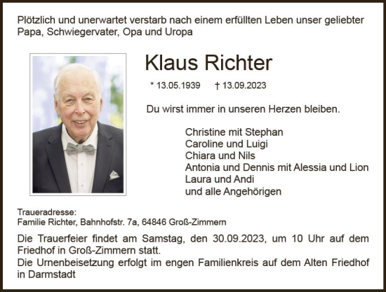 Traueranzeige von Klaus Richter von Darmstädter Echo