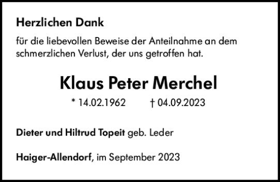 Traueranzeige von Klaus Peter Merchel von Dill Block