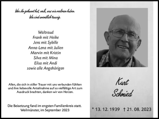 Traueranzeige von Kurt Schmied von Weilburger Tageblatt