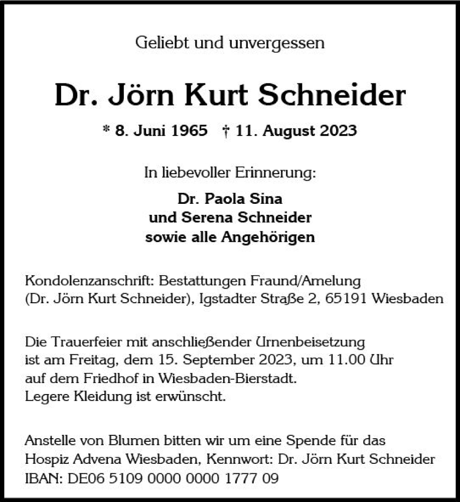  Traueranzeige für Kurt Schneider vom 02.09.2023 aus Wiesbadener Kurier