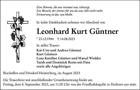Traueranzeige von Leonhard Kurt Güntner von Dill Block