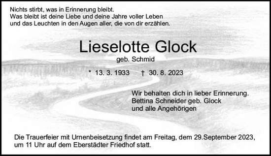 Traueranzeige von Lieselotte Glock von Darmstädter Echo