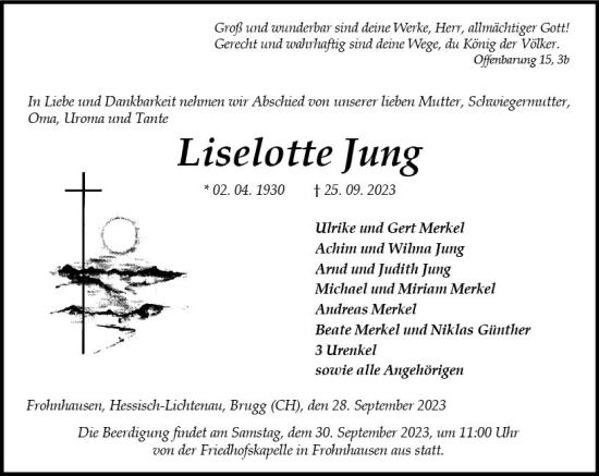 Traueranzeige von Liselotte Jung von Dill Block