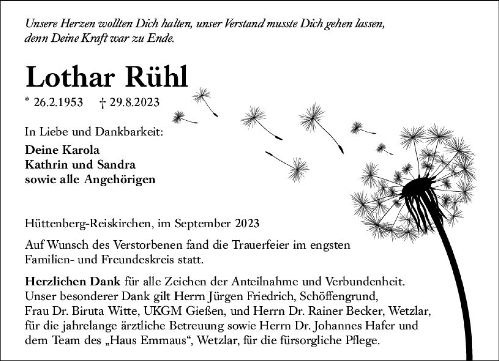  Traueranzeige für Lothar Rühl vom 23.09.2023 aus Wetzlarer Neue Zeitung