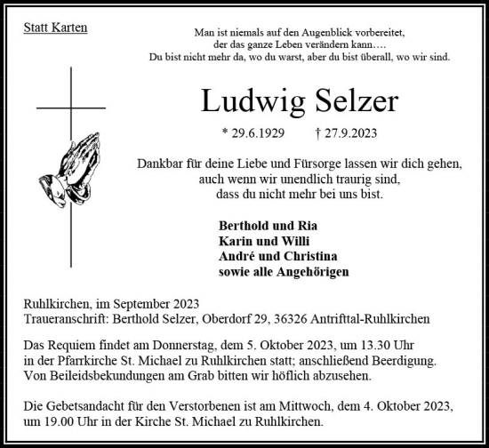 Traueranzeige von Ludwig Selzer von VRM Trauer
