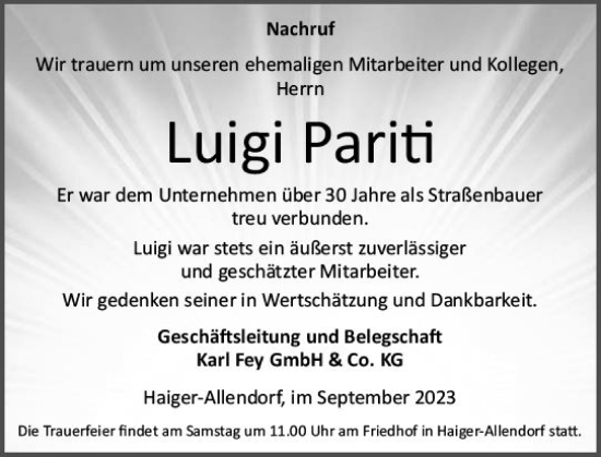 Traueranzeige von Luigi Pariti von Dill Block