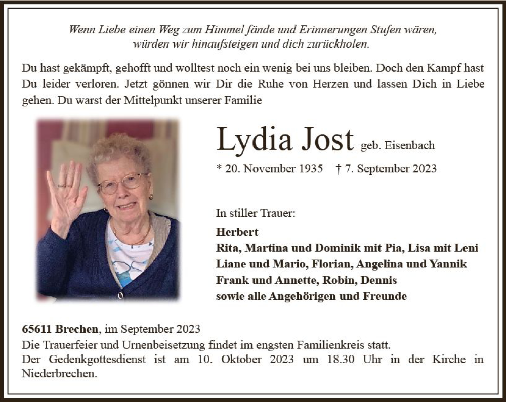  Traueranzeige für Lydia Jost vom 14.09.2023 aus Camberger Anzeiger
