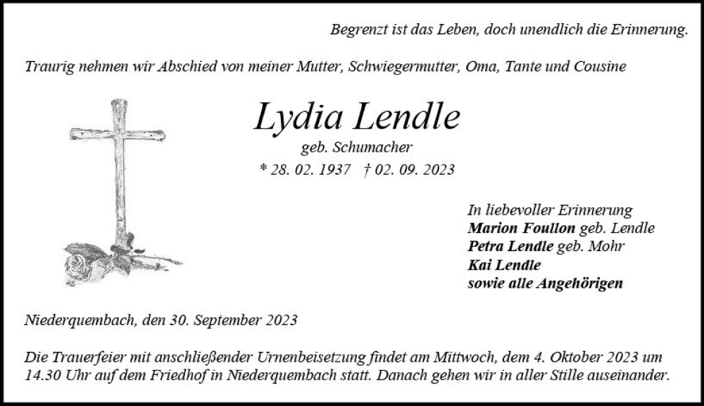  Traueranzeige für Lydia Lendle vom 30.09.2023 aus Wetzlarer Neue Zeitung