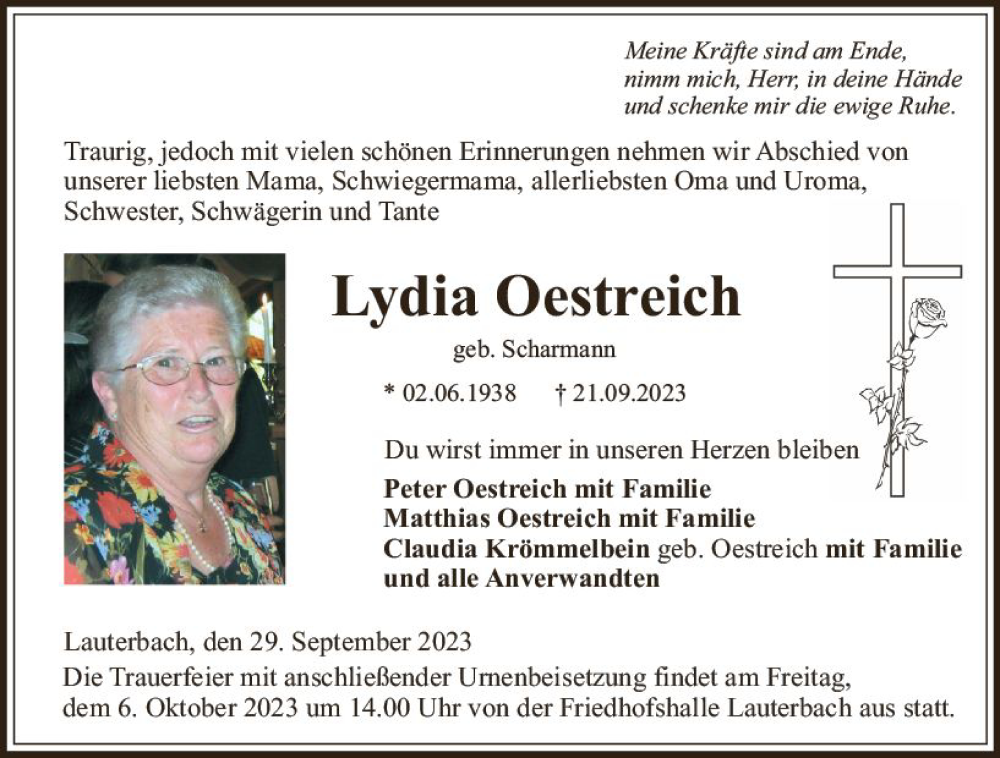  Traueranzeige für Lydia Oestreich vom 29.09.2023 aus VRM Trauer
