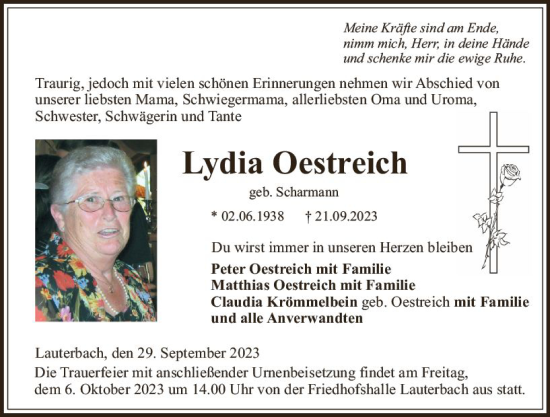 Traueranzeige von Lydia Oestreich von VRM Trauer