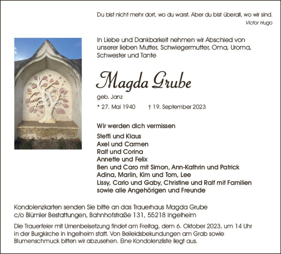 Traueranzeige von Magda Grube von Allgemeine Zeitung Bingen/Ingelheim