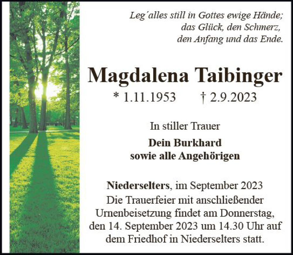  Traueranzeige für Magdalena Taibinger vom 07.09.2023 aus Camberger Anzeiger