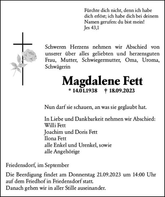 Traueranzeige von Magdalene Fett von Hinterländer Anzeiger