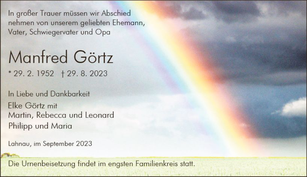  Traueranzeige für Manfred Görtz vom 02.09.2023 aus Wetzlarer Neue Zeitung