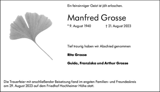 Traueranzeige von Manfred Grosse von Wormser Zeitung