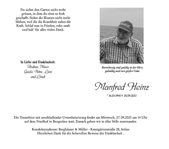 Traueranzeige von Manfred Heinz von Wetzlarer Neue Zeitung