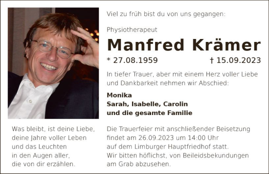 Traueranzeige von Manfred Krämer von Nassauische Neue Presse