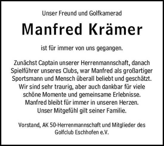 Traueranzeige von Manfred Krämer von Nassauische Neue Presse