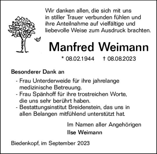 Traueranzeige von Manfred Weimann von Hinterländer Anzeiger