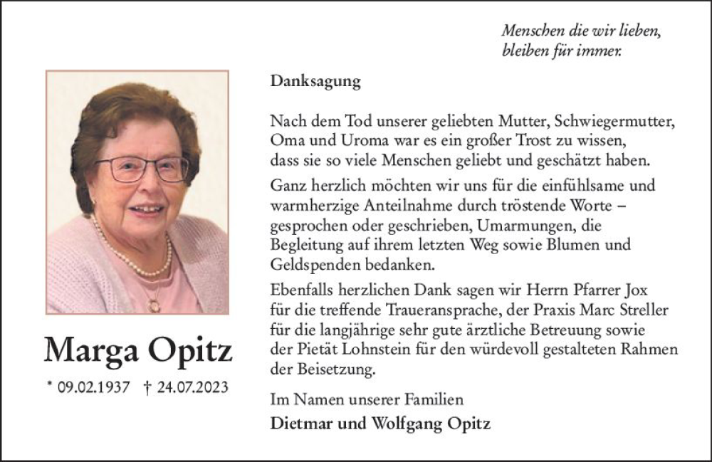  Traueranzeige für Marga Opitz vom 02.09.2023 aus Wetzlarer Neue Zeitung