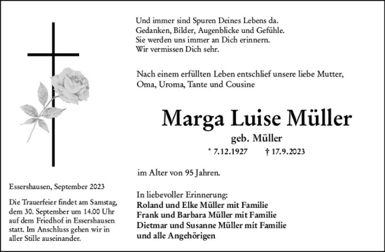 Traueranzeige von Marga Luise Müller von Weilburger Tageblatt