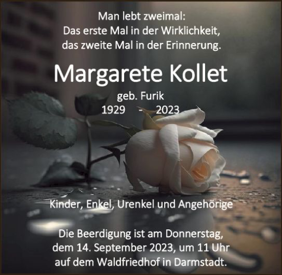 Traueranzeige von Margarete Kollet von Darmstädter Echo